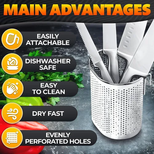 Vista 4 de Palillos Cubiertos y recipiente para utensilios de cocina rack de secado cesta con gancho de acero inoxidable perforado (forma ovalada) – se puede
