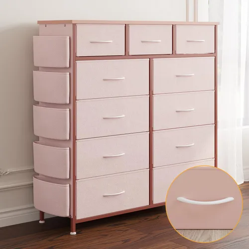 Vista 38 de Cómoda de almacenamiento de tela con 11 cajones para organización del dormitorio, cómoda con estantes profundos, bolsillos laterales y ganchos, Negro