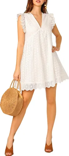 Vista 4 de Vestido Didk bohemio con volantes sin mangas con cuello en V de tira bordada para mujer