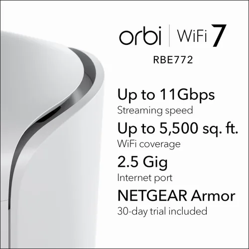 Vista 2 de NETGEAR Orbi 770 Series Tri-Band WiFi 7 Mesh Network System (RBE772) - Router + 1 extensor de satélite, características de seguridad, hasta 11 Gbps