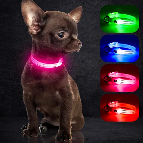 Vista 25 de YFbrite Collar LED para perro XS, ligero collar para gato, cómodo collar de cachorro iluminado, recargable por USB, luz de seguridad ajustable