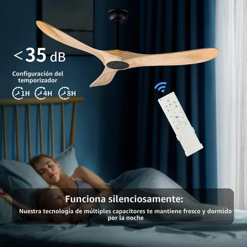 Vista 5 de Ventilador de techo de madera para interiores y exteriores de 52 pulgadas, ventilador de techo CC de 3 aspas con control remoto, 2 varillas Madera