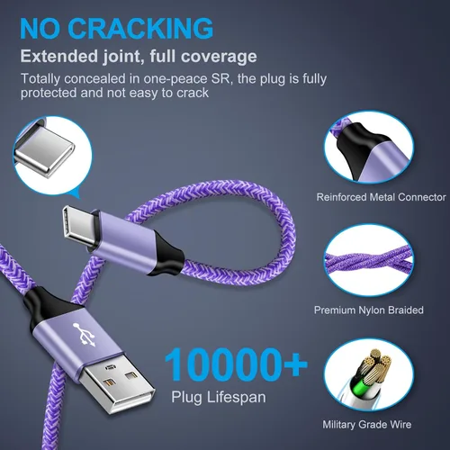 Vista 7 de Cable USB a USB C de 3 A de carga rápida para iPhone 17e 17 Pro Max Air 16e/16 Pro Max/16 Plus/15 Pro Max, paquete de 2 cables de alimentación de 6