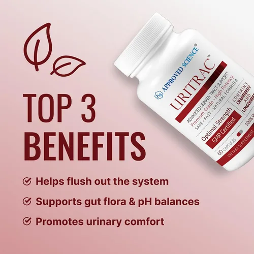 Vista 3 de Approve Science® Uritrac™ - Soporte de infecciones urinarias - Arándano, D-manosa, arándano rojo, apto para veganos - Suministro de 1 botella