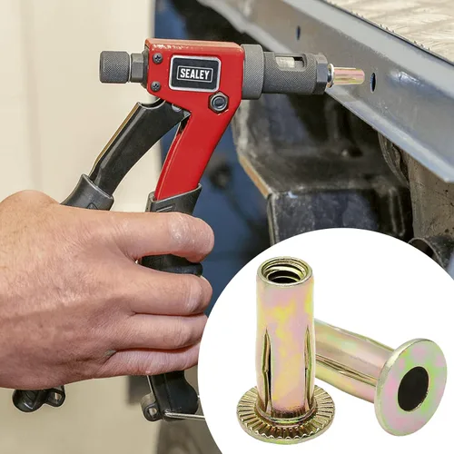Vista 5 de 25 piezas de tuercas de remache de agarre múltiple de acero con vástago precurvado y acabado de zinc, tuercas de inserción roscadas de cabeza plana