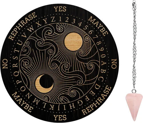 Vista 10 de AHANDMAKER Juego de tablero de péndulo, tablero de adivinación de madera para radiestesia, tablero de mensajes metafísicos con collar de péndulo