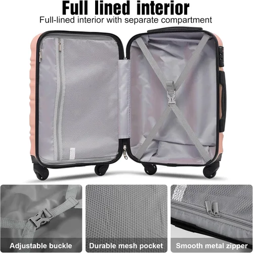 Vista 4 de LONG VACATION Juego de equipaje de 4 piezas de ABS hardshell TSA Lock Spinner Ruedas equipaje de mano en maleta, Rosado, Abs Hardshell Tsa Lock