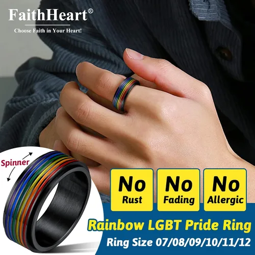 Vista 2 de FaithHeart Anillos para ansiedad LGBT Pride Rainbow, acero inoxidablechapado en oro de 18 quilates, joyería de amor es amor para hombres y mujeres