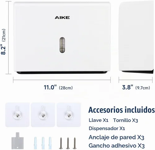 Vista 6 de AIKE Dispensador de toallas de papel multipliegue de 200 hojas, montaje en Blanco