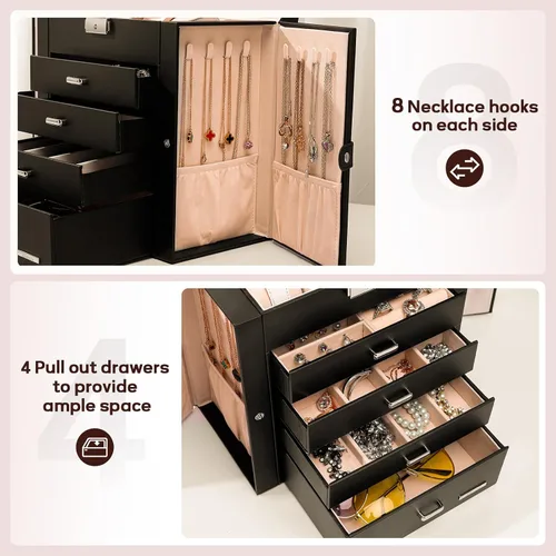 Vista 5 de Homde Caja de joyería enorme de cuero sintético Organizador de reloj con espejo Collar Anillo Pendiente Almacenamiento Caja de regalo con cerradura