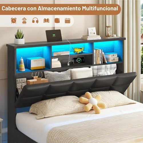 Vista 3 de VIAGDO Base de cama flotante tamaño Twin con cabecera y almacenamiento, base de cama tapizada de plataforma Twin con estación de carga USB y Tipo C