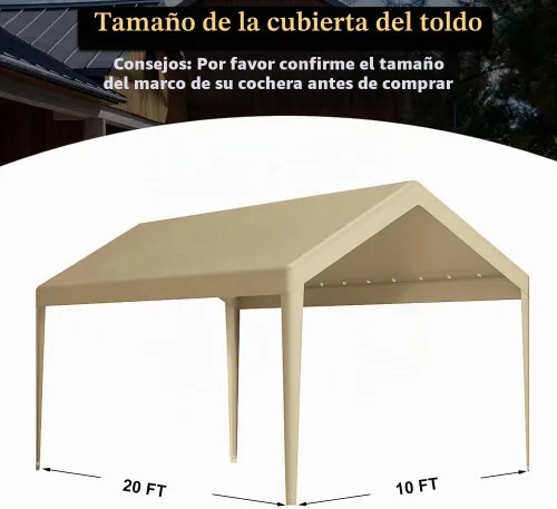 Vista 5 de Cubierta de toldo de repuesto para cochera, cubierta superior de repuesto para marco de cochera de 10' x 20', lona impermeable y protegida contra