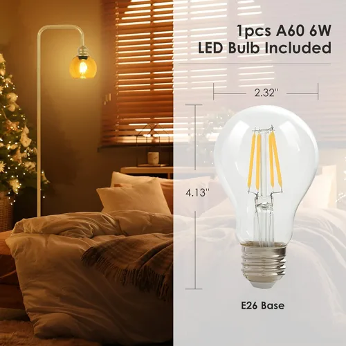 Vista 4 de Lámpara de pie moderna para sala de estar con bombilla LED de 6 W, lámpara de pie industrial, vidrio ámbar, lámpara alta de lectura clásica