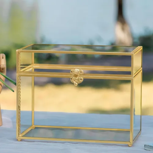 Vista 5 de NCYP Caja de tarjetas de vidrio dorada con tapa para recepción de boda, 9.8 x 5.6 x 7.7 pulgadas, caja de almacenamiento decorativa rectangular