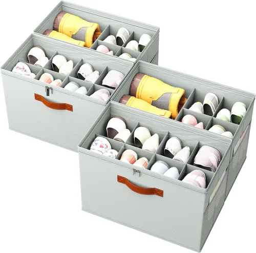 Vista 9 de Organizador de zapatos para armario, paquete de 2 cajas plegables de almacenamiento de zapatos con divisores ajustables y cubierta transparente, se
