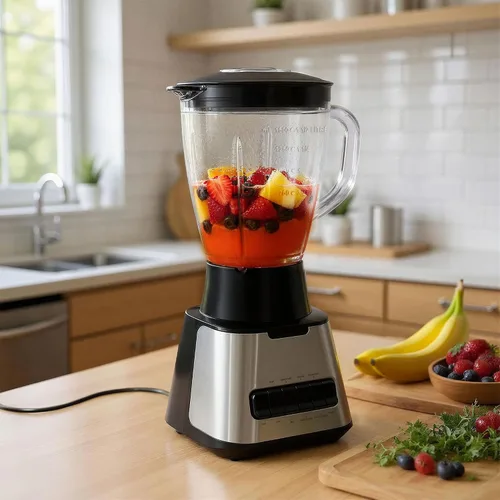 Vista 4 de Amazon Basics Licuadora de encimera de 6 tazas (50 onzas líquidas), con 6 funciones preprogramadas, pulso, trituración de hielo, cuchillas de acero