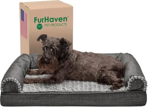 Vista 25 de Furhaven Sofá cama ortopédico para perro, sofá de espuma viscoelástica con refuerzos, felpa texturizada y funda resistente al agua, funda lavable