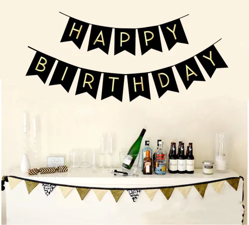 Vista 2 de Fecedy, Banderín y Cartel de Feliz Cumpleaños, Negro con Letras Doradas y Brillantes, Suministros para Fiestas.