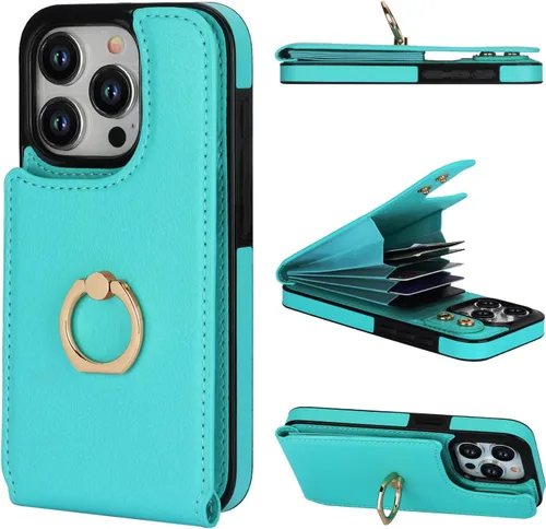 Vista 13 de Folosu Funda compatible con iPhone 15 Pro con soporte para tarjetas, rotación de 360°, soporte de anillo de dedo con función atril, bloqueo RFID