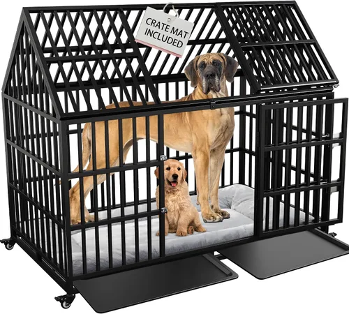 Vista 7 de Jaula resistente para perros de 58 pulgadas, jaula para mascotas duradera con techo, 2 puertas, bandejas extraíbles, ruedas con cerradura a prueba