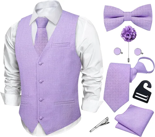 Vista 6 de DiBanGu Conjunto de corbata con cremallera y chaleco de lino para hombre Negro