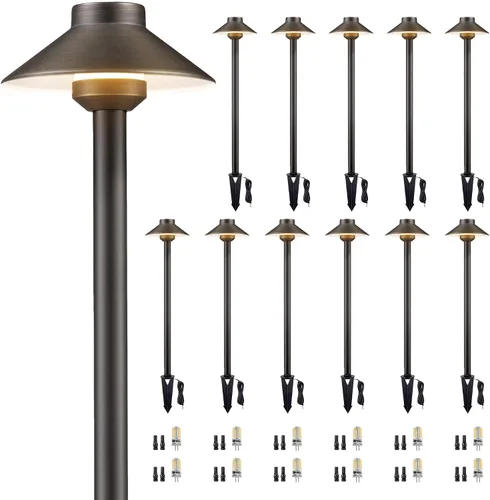 Vista 16 de Gardenreet Luces de camino de latón para exteriores, iluminación de camino de paisaje de bajo voltaje con cable, luz LED de pasarela de 12 V