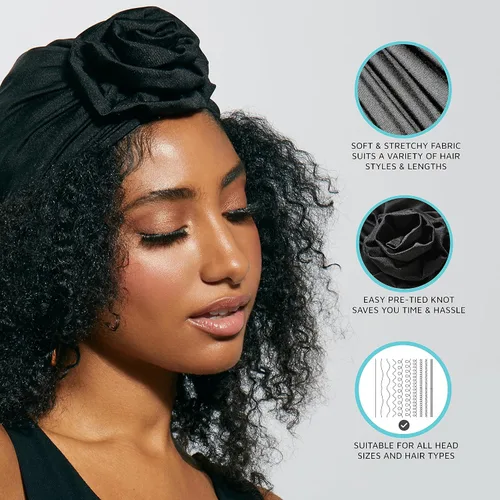 Vista 4 de KISS COLORS & CARE Turbante preatado con nudo superior, negro, elegante, elástico y suave para dormir, máxima protección del cabello, minimiza