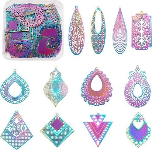 Vista 46 de FASHEWELRY 50 piezas de conectores de filigrana de mariposa de acero inoxidable, adornos de metal grabados con arco iris para fabricación de joyas