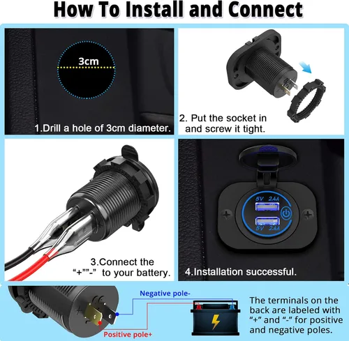 Vista 6 de Toma USB Doble de 12V Salida Marina con Interruptor Puerto USB para Carrito de Golf Montaje de Cargador de Coche de 12 Voltios DC Adaptador
