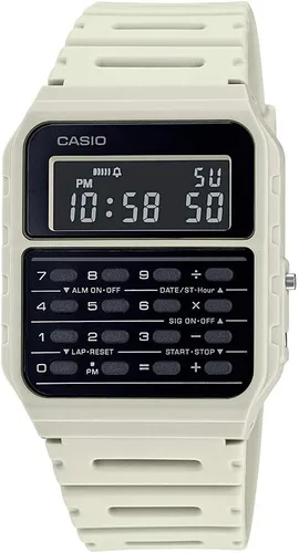 Vista 4 de Casio Serie CA53W Vintage Banco de datos Cronómetro 1/100 SEC Resistente al agua Calculadora de 8 dígitos Tiempo dual Banda de resina