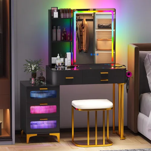 Vista 11 de Gurexl Escritorio LED de maquillaje con luces, juego de tocador con estación de carga, tocador LED con 3 cajones de almacenamiento para dormitorio