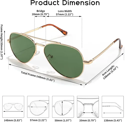 Vista 4 de FEISEDY Gafas de sol polarizadas clásicas de aviador para mujeres y hombres, retro de moda, doble puente de metal, montura de piloto, B9113