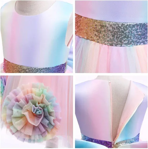 Vista 4 de IZKIZF Vestido de princesa de lentejuelas de unicornio para niñas, vestido de lujo de tul alto, disfraz de Halloween, fiesta de Navidad, boda