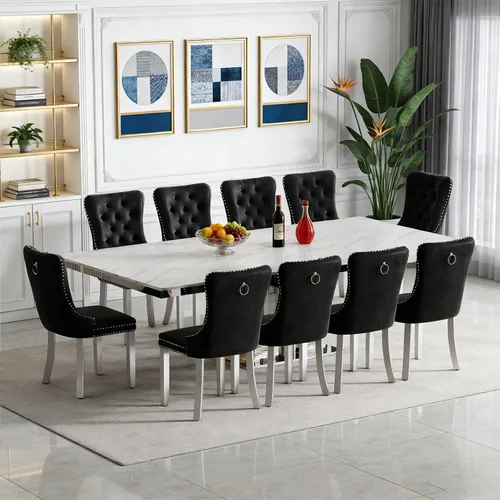 Vista 29 de Juego de mesa de comedor extensible de 63 a 79 pulgadas para 4, moderna mesa de cocina expandible con 4 sillas de terciopelo, mesa de madera gruesa