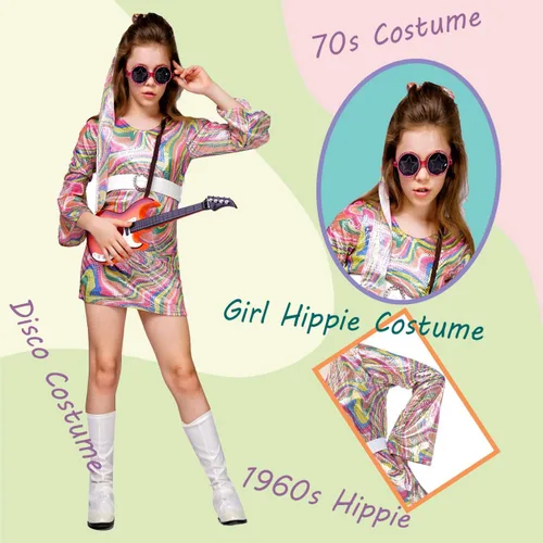 Vista 2 de Disfraz hippie de los años 60 y 70 para niña de los años 60 y 70