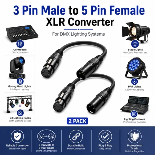 Vista 2 de Cable de iluminación DMX de 3 pines a 5 pines, cable adaptador XLR/DMX de 8 pulgadas, cables de micrófono XLR macho de 3 pines a 5 pines hembra