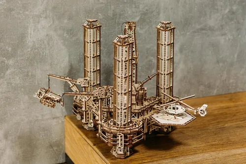 Vista 6 de Wood Trick Offshore Rig Platform Rompecabezas 3D de madera para adultos para construir, plataforma móvil interactiva, modelos de madera, proyectos