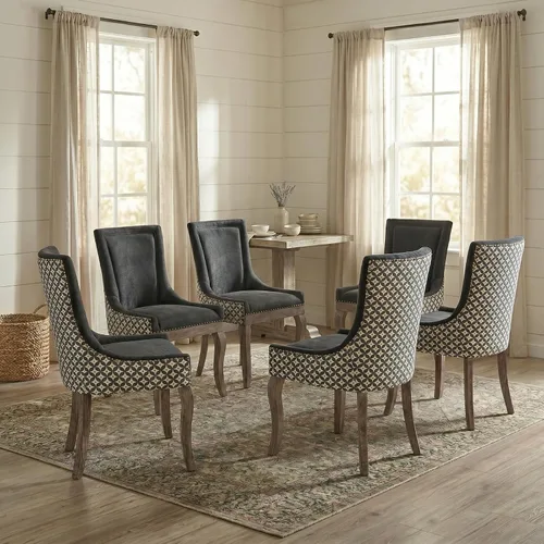 Vista 45 de Juego de 2 sillas de comedor tapizadas, sillas de cocina de tela con ribete de cabeza de clavo, sillas de cocina y comedor con respaldo alto, patas