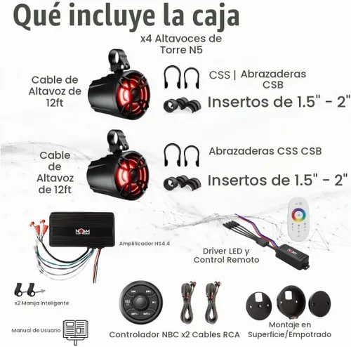 Vista 5 de NOAM NUTV5 - Kit de sistema estéreo marino ATV/carrito de golf/UTV, con 2 altavoces de torre de luz LED impermeables, controlador resistente a