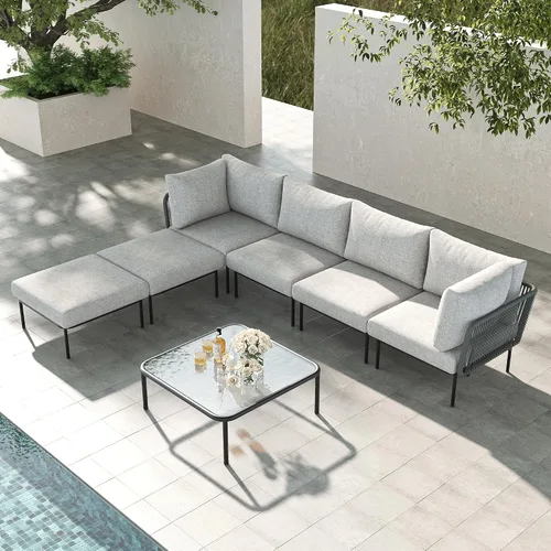 Vista 36 de LayinSun Juego de muebles de patio de aluminio de 7 piezas, sofá modular moderno con mesa auxiliar y cojín de grosor mejorado Gris claro