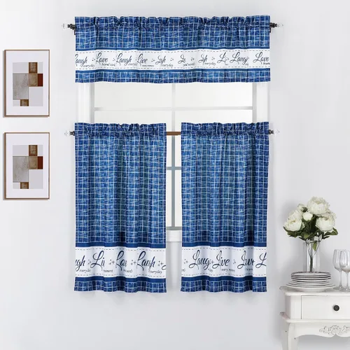 Vista 12 de Interior Trends Live Love Laugh - Juego de 3 cortinas estampadas para ventana de cocina con cenefa y paneles en niveles