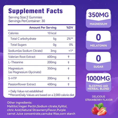 Vista 6 de Gomitas para dormir sin melatonina para adultos con magnesio, raíz de valeriana, 5-HTP y mezcla de hierbas, suplementos naturales para ayudar al