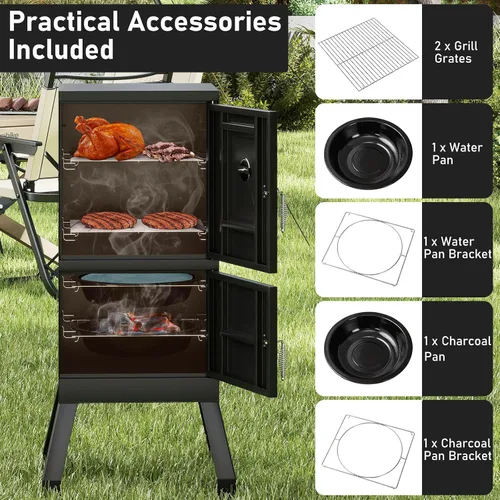 Vista 7 de Happygrill Parrillas de Carbón, Parrilla Ahumadora BBQ Vertical de 40" con Termómetro Integrado, Reguladores de Aire Ajustables, Bandeja de Agua