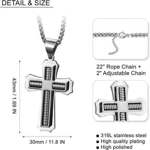 Vista 5 de Collar con colgante de cruz de Jesucristo grande de acero inoxidable para hombre con cadena bizantina de 22, 24, 26 pulgadas, negrodoradoplata
