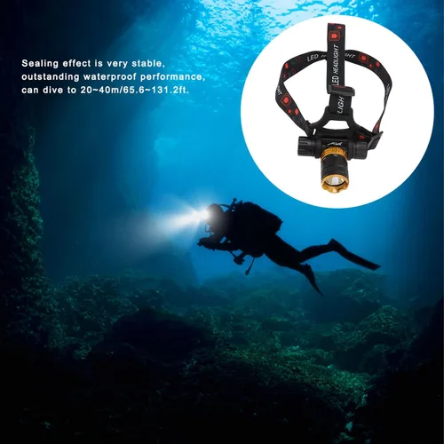 Vista 4 de Linterna frontal LED recargable, 5000 lúmenes, luz LED brillante para buceo, con 5 modos de luz, IPX8 de rotación de 180°, linterna submarina