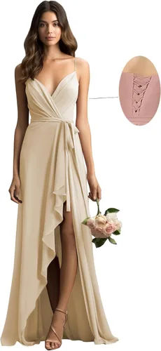 Vista 2 de Zardtina Vestido de dama de honor de gasa con volantes para mujer, vestido formal con cuello en V, vestido de fiesta de noche con cinturón ZA904