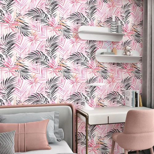 Vista 3 de Papel tapiz de hojas bohemias para despegar y pegar, papel de contacto extraíble de palmera rosa y negra para armarios, papel tapiz floral tropical