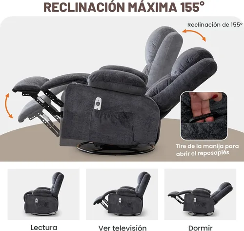 Vista 4 de BOSMILLER Silla reclinable giratoria con masaje por vibración y calor Gris