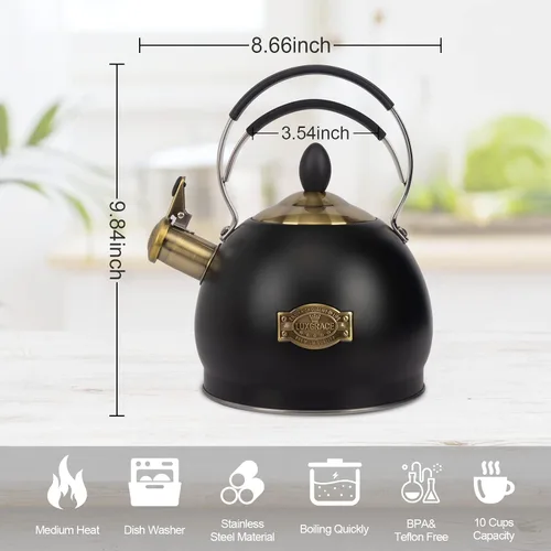 Vista 5 de Tetera Silbante de Acero Inoxidable, Tetera para Estufa de Inducción, Olla para Té de Ebullición Rápida para Calentar Agua 2.6 Cuartos