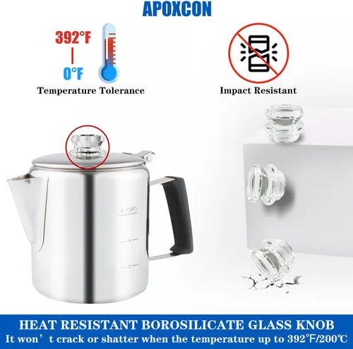 Vista 5 de Cafetera Percoladora Multiuso de Acero Inoxidable para Estufa con Dos Perillas de Vidrio Borosilicato Resistente Mango de Sílice Cafetera
